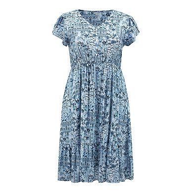 Plus Size Dress for Women Boho Floral Print V Neck Cap Sleeve Elastic Waist A Line Maxi Dresses