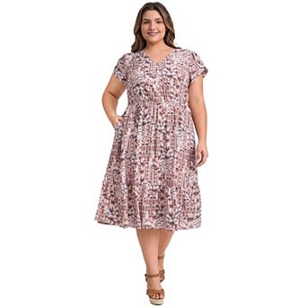 Plus Size Dress for Women Boho Floral Print V Neck Cap Sleeve Elastic Waist A Line Maxi Dresses