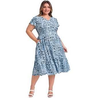 Plus Size Dress for Women Boho Floral Print V Neck Cap Sleeve Elastic Waist A Line Maxi Dresses