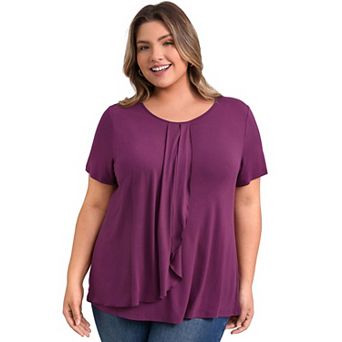 Plus Size Blouses for Women Round Neck Short Sleeve Pleated Overlaid Ruffle Casual Summer Tops