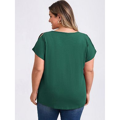 Plus Size Tops for Women Front Pleated V Neck Slit Sleeve Blouses Cold Shoulder Casual Summer Top
