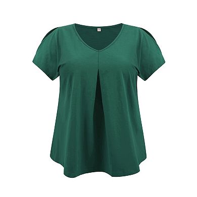 Plus Size Tops for Women Front Pleated V Neck Slit Sleeve Blouses Cold Shoulder Casual Summer Top