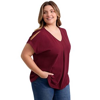 Plus Size Tops for Women Front Pleated V Neck Slit Sleeve Blouses Cold Shoulder Casual Summer Top