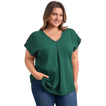 Plus Size Tops for Women Front Pleated V Neck Slit Sleeve Blouses Cold Shoulder Casual Summer Top