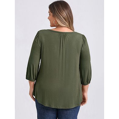 Women Plus Size Smocked Notch V Neck 3/4 Sleeve Blouses