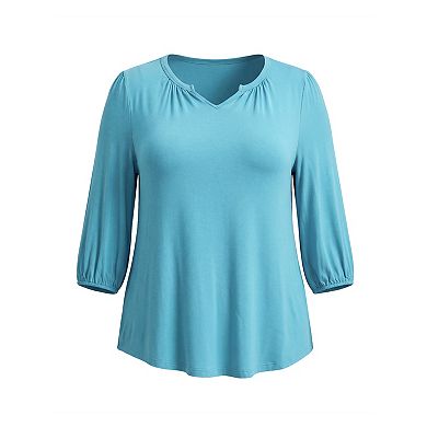 Women Plus Size Smocked Notch V Neck 3/4 Sleeve Blouses