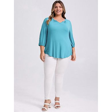 Women Plus Size Smocked Notch V Neck 3/4 Sleeve Blouses