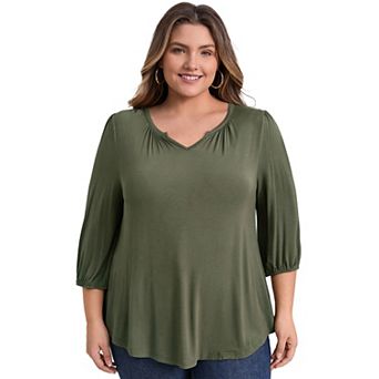 Plus Size Blouses for Women Smocked 3/4 Sleeve Notch V Neck Shirts Dressy Casual Tops