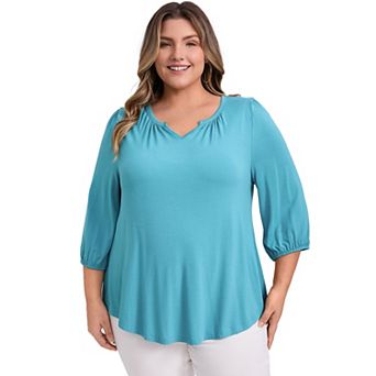 Plus Size Blouses for Women Smocked 3/4 Sleeve Notch V Neck Shirts Dressy Casual Tops