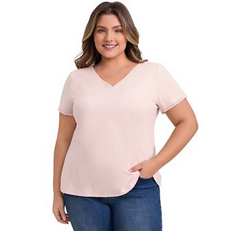 Plus Size Tops for Women Crochet Trim V Neck Blouses Short Sleeve Dressy Casual Top
