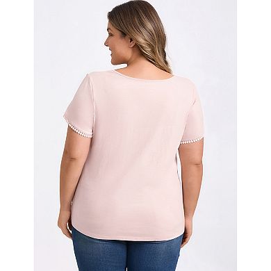 Plus Size Tops for Women Crochet Trim V Neck Blouses Short Sleeve Dressy Casual Top