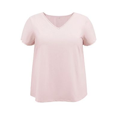 Plus Size Tops for Women Crochet Trim V Neck Blouses Short Sleeve Dressy Casual Top