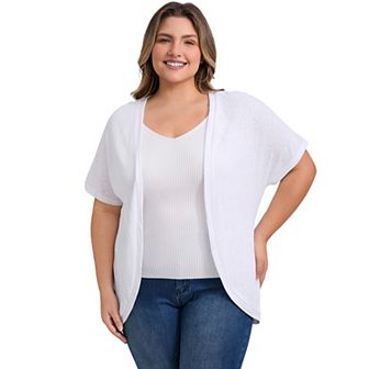 Plus Size Cardigan for Women Open Front Short Sleeves Loose Fit Curved Hem Knit Cardigans