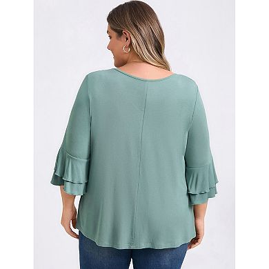 Plus Size Tops for Women Double Layered Ruffle 3/4 Sleeve V Neck Pleated Front Casual Blouses