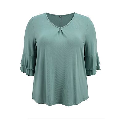 Plus Size Tops for Women Double Layered Ruffle 3/4 Sleeve V Neck Pleated Front Casual Blouses