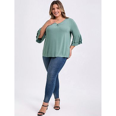 Plus Size Tops for Women Double Layered Ruffle 3/4 Sleeve V Neck Pleated Front Casual Blouses