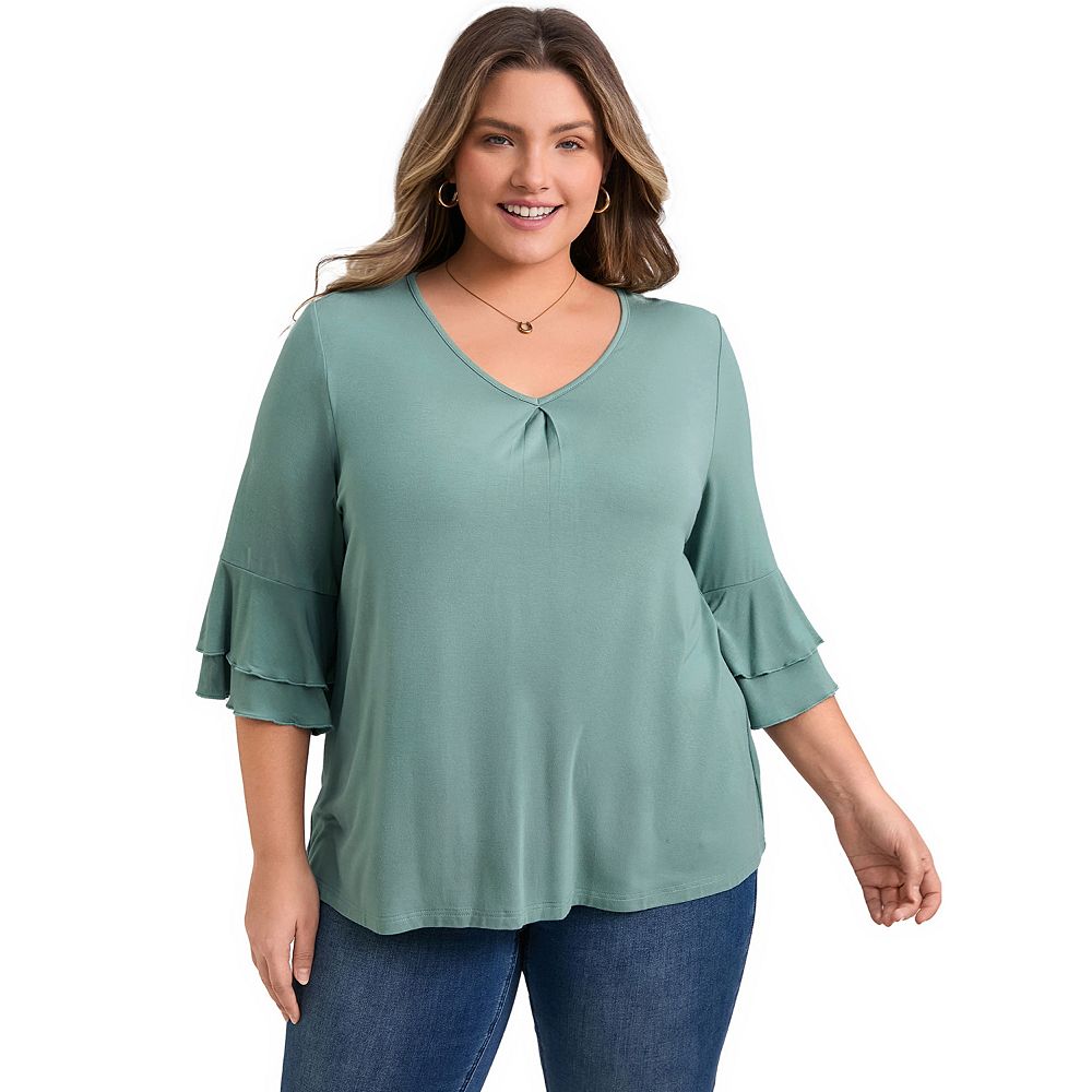 Plus Size Tops for Women Double Layered Ruffle 3/4 Sleeve V Neck ...