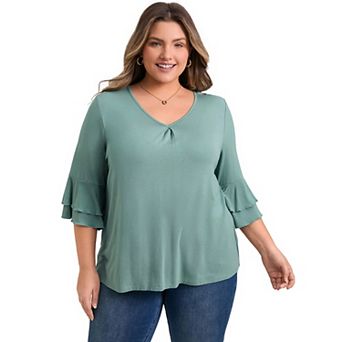 Plus Size Tops for Women Double Layered Ruffle 3/4 Sleeve V Neck Pleated Front Casual Blouses