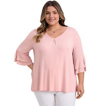 Plus Size Tops for Women Double Layered Ruffle 3/4 Sleeve V Neck Pleated Front Casual Blouses
