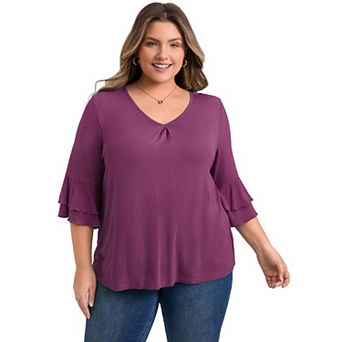 Plus Size Tops for Women Double Layered Ruffle 3/4 Sleeve V Neck Pleated Front Casual Blouses