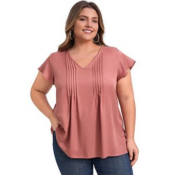 Plus Size Tops for Women Topstitched Tucks V Neck Ruffle Short Sleeve Dressy Casual Blouses