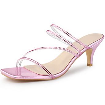 Women's Rhinestone Strappy Kitten Heels Slide Sandals