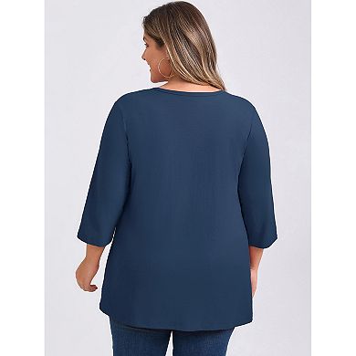 Women's Plus Size V Neck 3/4 Sleeve Button Decor Pleated Dressy Casual Blouses