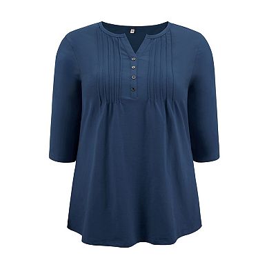 Women's Plus Size V Neck 3/4 Sleeve Button Decor Pleated Dressy Casual Blouses