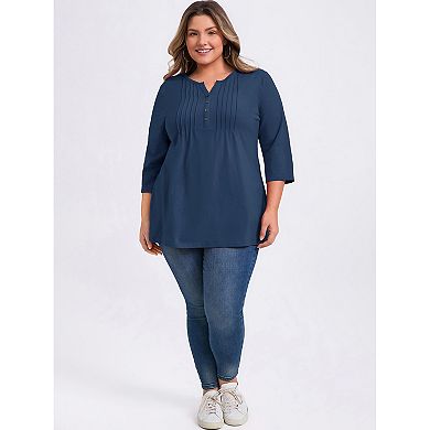 Women's Plus Size V Neck 3/4 Sleeve Button Decor Pleated Dressy Casual Blouses