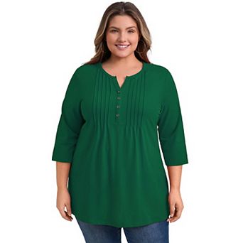 Women's Plus Size V Neck 3/4 Sleeve Button Decor Pleated Dressy Casual Blouses
