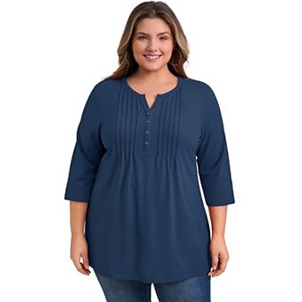 Women's Plus Size V Neck 3/4 Sleeve Button Decor Pleated Dressy Casual Blouses