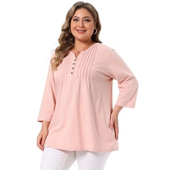 Women's Plus Size V Neck 3/4 Sleeve Button Decor Pleated Dressy Casual Blouses