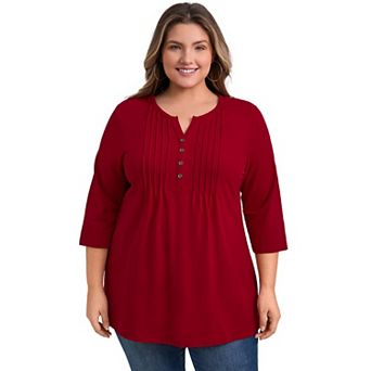 Women's Plus Size V Neck 3/4 Sleeve Button Decor Pleated Dressy Casual Blouses