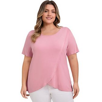 Plus Size Tops for Women Round Neck Short Sleeve Blouses Crossover Asymmetric Tulip Hem Casual Top