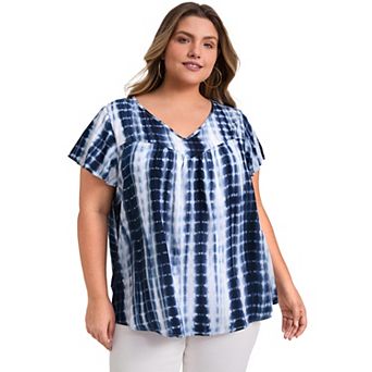 Plus Size Tops for Women Tie Dye V Neck Ruffle Short Sleeve Pleated Casual Holiday Blouses