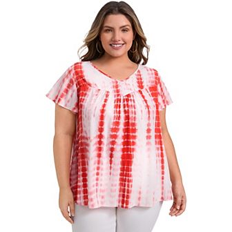 Plus Size Tops for Women Tie Dye V Neck Ruffle Short Sleeve Pleated Casual Holiday Blouses