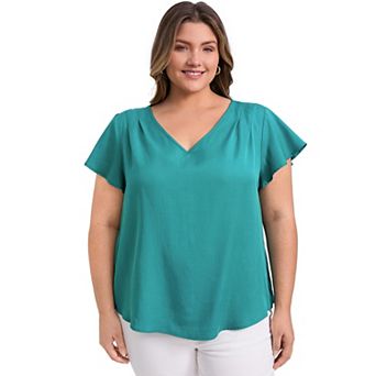 Plus Size Tops for Women Shoulder Pleated Ruffle Short Sleeve V Neck Dressy Casual Blouses