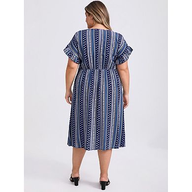 Plus Size Dress for Women Boho Floral Stripe V Neck Ruffle Sleeve Casual Midi Dresses with Pockets