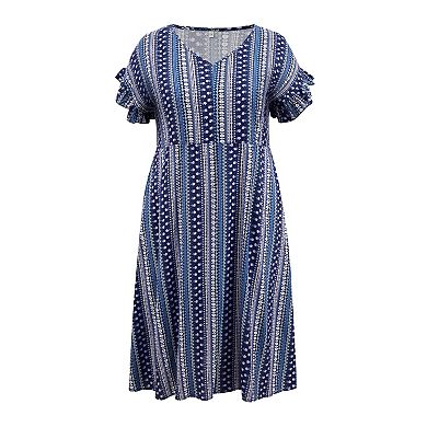 Plus Size Dress for Women Boho Floral Stripe V Neck Ruffle Sleeve Casual Midi Dresses with Pockets