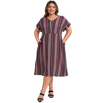 Plus Size Dress for Women Boho Floral Stripe V Neck Ruffle Sleeve Casual Midi Dresses with Pockets