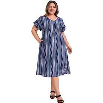 Plus Size Dress for Women Boho Floral Stripe V Neck Ruffle Sleeve Casual Midi Dresses with Pockets