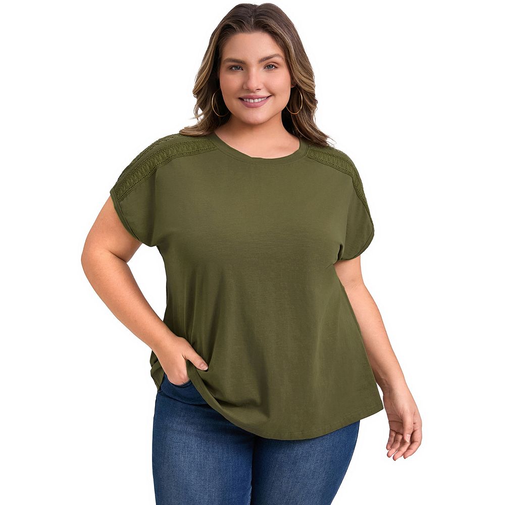 Plus Size Tops for Women Crochet Lace Trim Shoulder Crew Neck Short ...