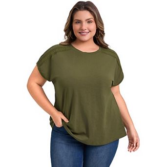 Plus Size Tops for Women Crochet Lace Trim Shoulder Crew Neck Short Sleeve Blouses