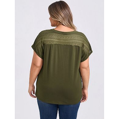 Plus Size Tops for Women Crochet Lace Trim Shoulder Crew Neck Short Sleeve Blouses