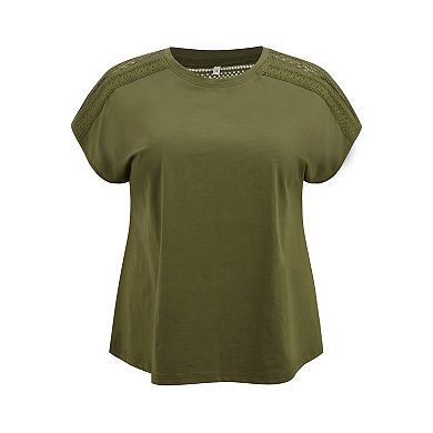 Plus Size Tops for Women Crochet Lace Trim Shoulder Crew Neck Short Sleeve Blouses