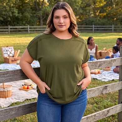 Plus Size Tops for Women Crochet Lace Trim Shoulder Crew Neck Short Sleeve Blouses