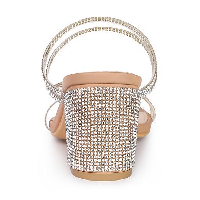 Women's Strappy Rhinestone Block Heel Slide Sandals