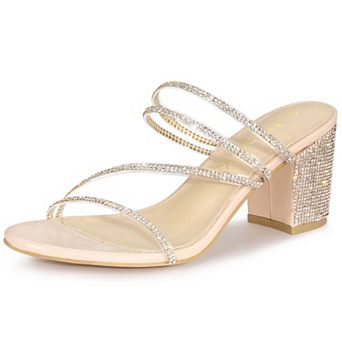 Women's Strappy Rhinestone Block Heel Slide Sandals