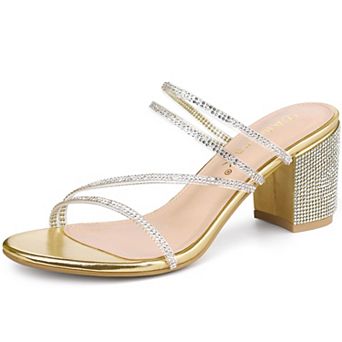 Women's Strappy Rhinestone Block Heel Slide Sandals