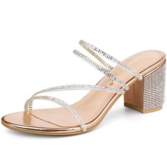 Women's Strappy Rhinestone Block Heel Slide Sandals